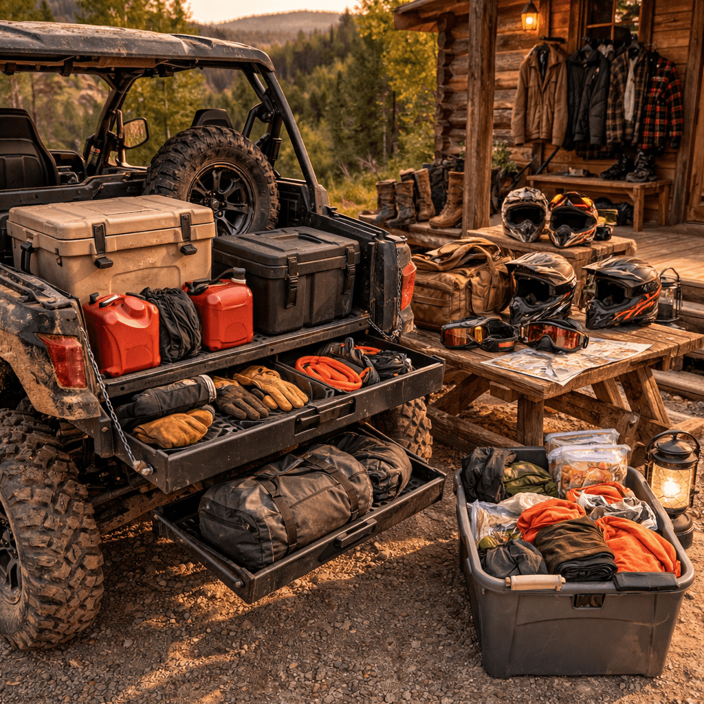 Packing split between in-vehicle gear and cabin supplies for Wildcat trip