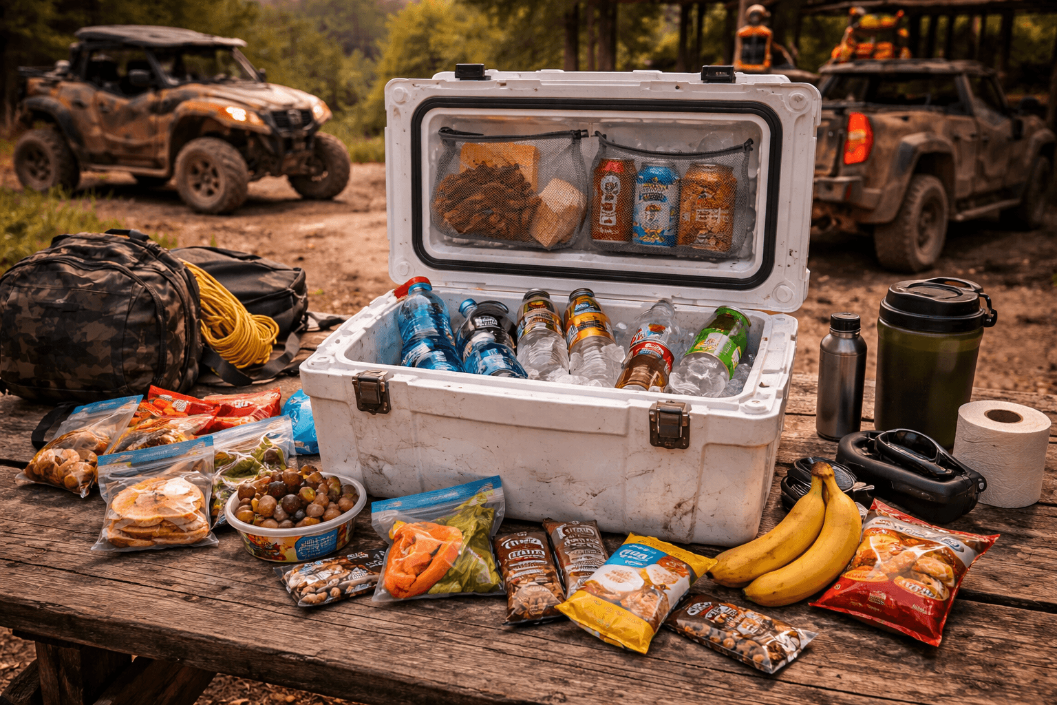 Water and trail snacks packed for a Wildcat UTV weekend