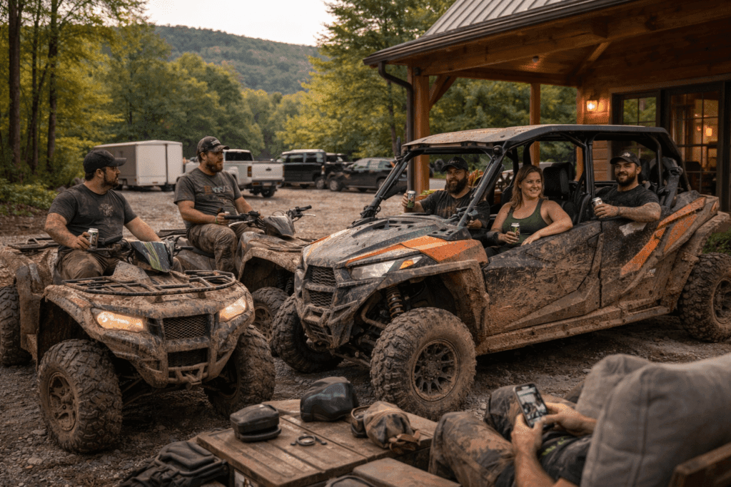 Rider group enjoying cabin basecamp near Wildcat Off-Road Park