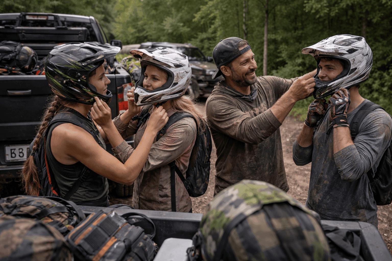 Supportive group of riders helping beginners at Wildcat Off-Road Park