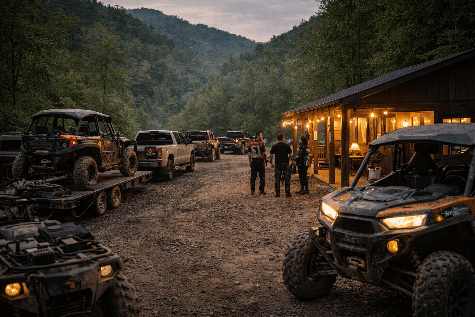 Friday night arrival with trucks and trailers at rider lodging near Wildcat