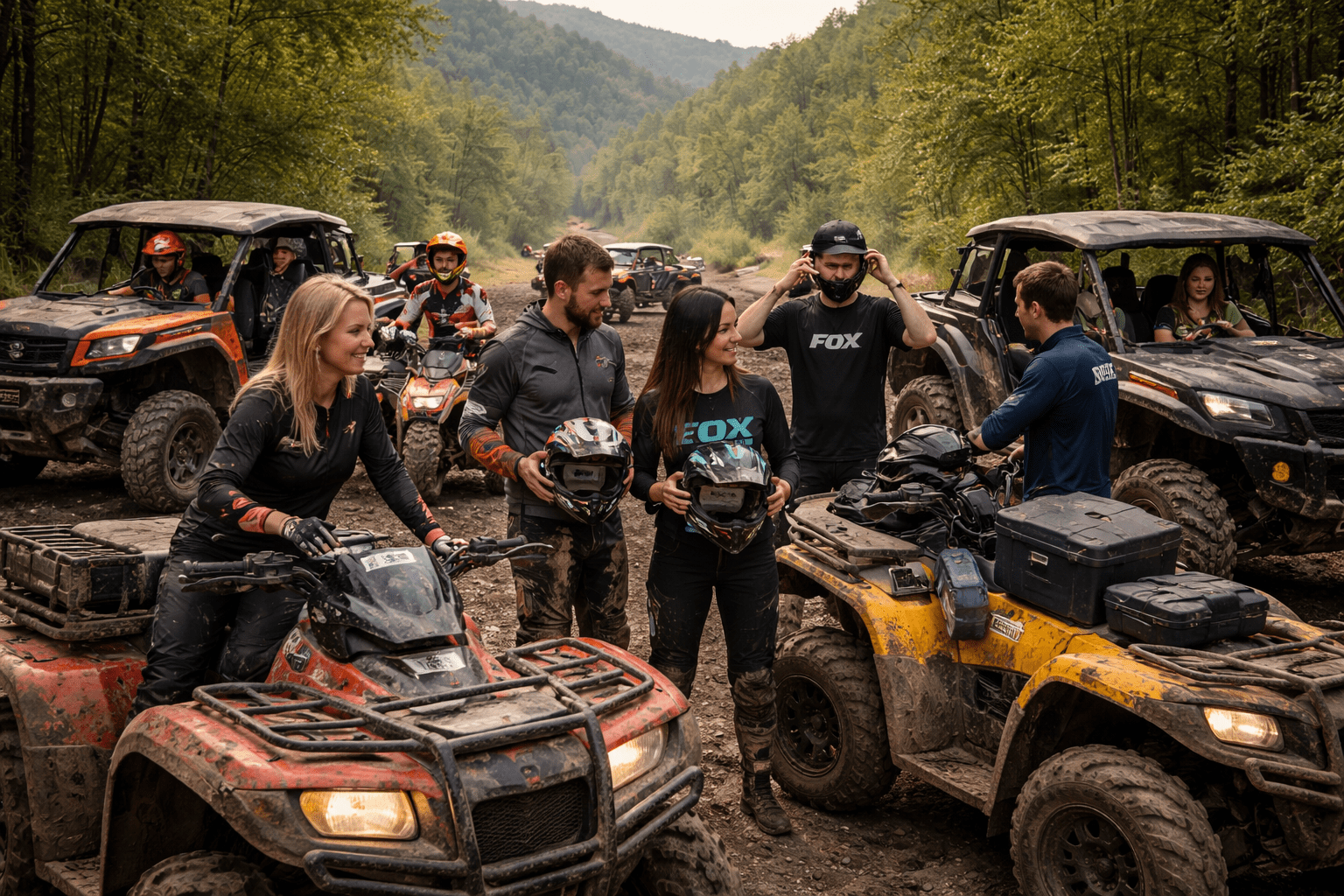 Mixed group of UTV and ATV riders preparing for a Wildcat Off-Road Park trip
