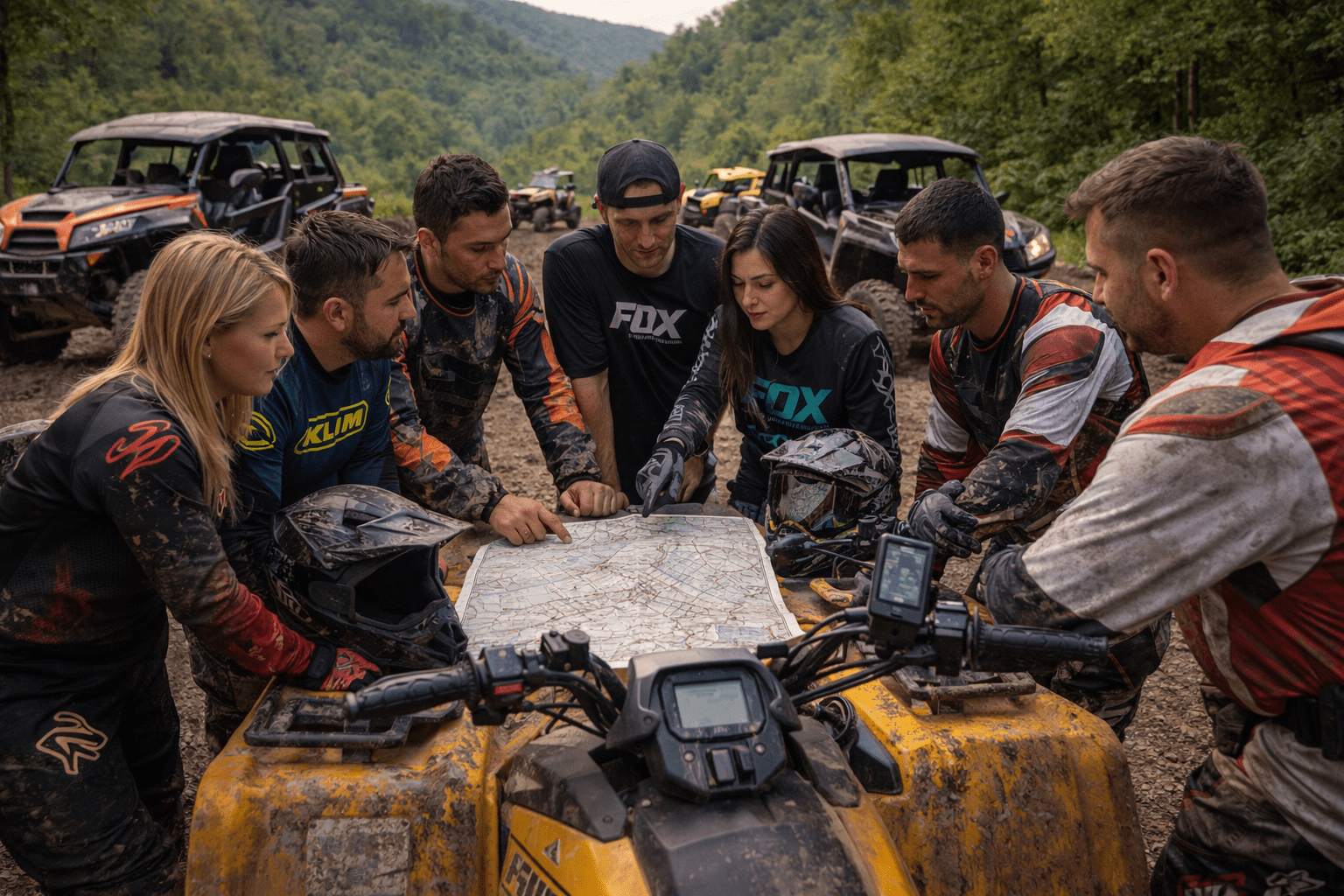 Riders discussing Saturday trail plan for Wildcat Off-Road Park